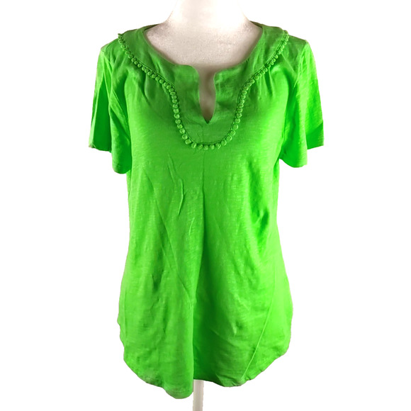 Talbot's Women's T Shirt Green Size Medium Snowball Trim V Neck Short Sleeve - Picture 6 of 6